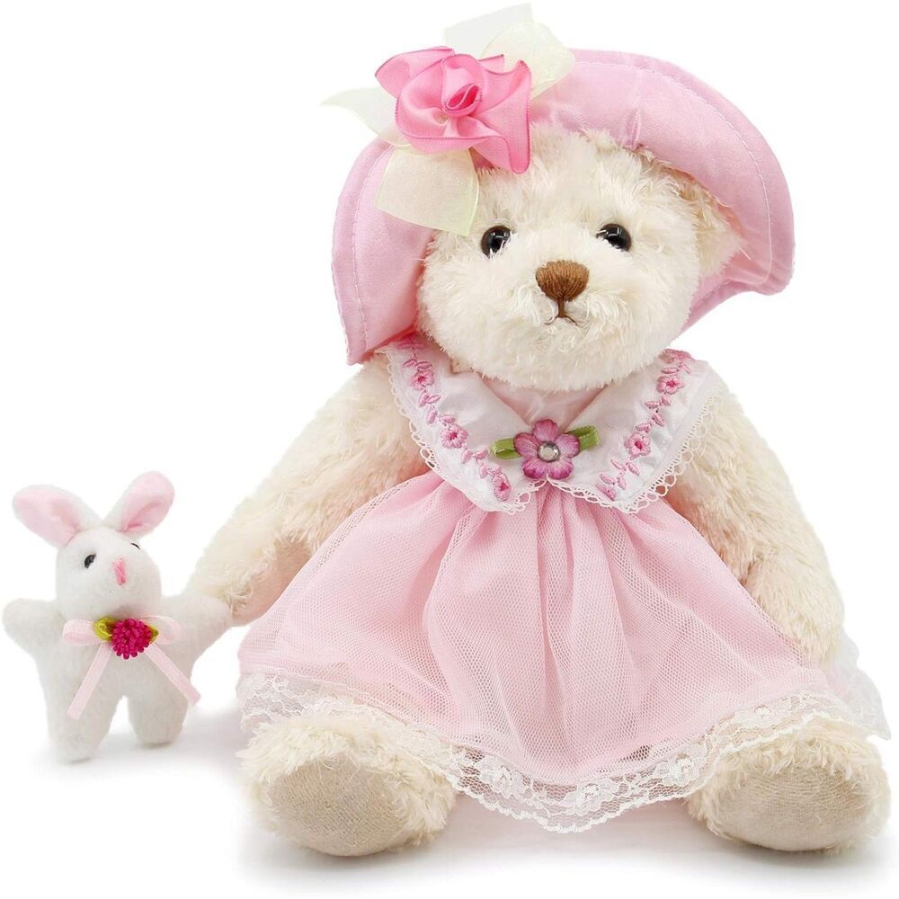 10" Oitscute Pink Lace Small Teddy Bear with Cloth Stuffed Animal Soft Plush Toy